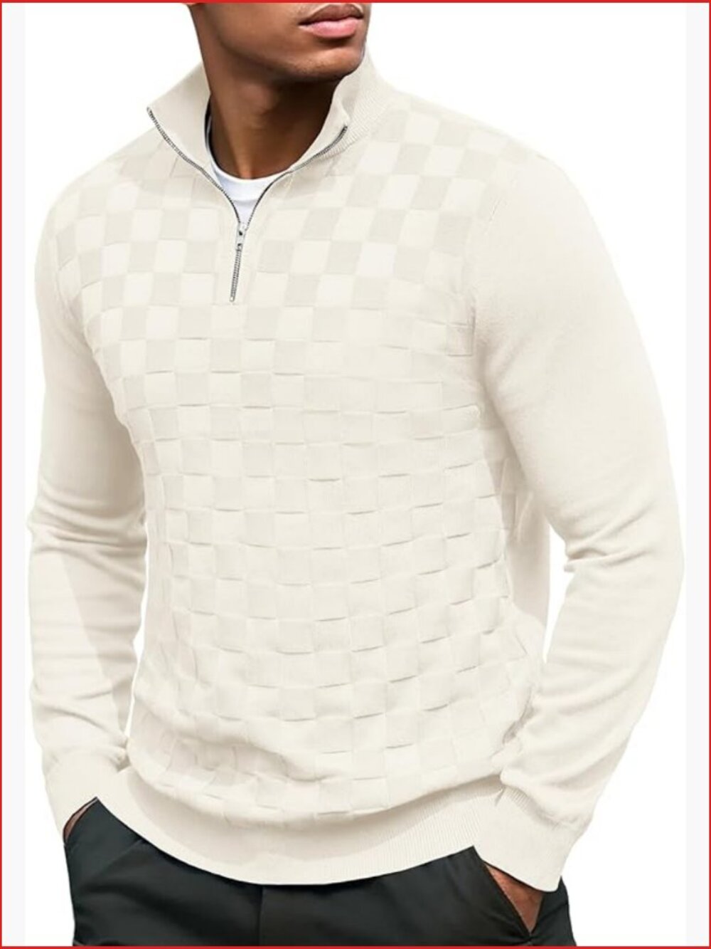 Men's Quarter Zip Pullover Sweater Jacquard Checkered Long Sleeve V-Neck